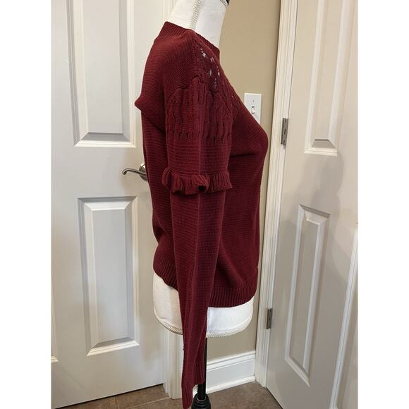 Soho New York & Company Street S Cotton Maroon Red Loose Knit Sweater Ruffle Arm - Picture 4 of 10